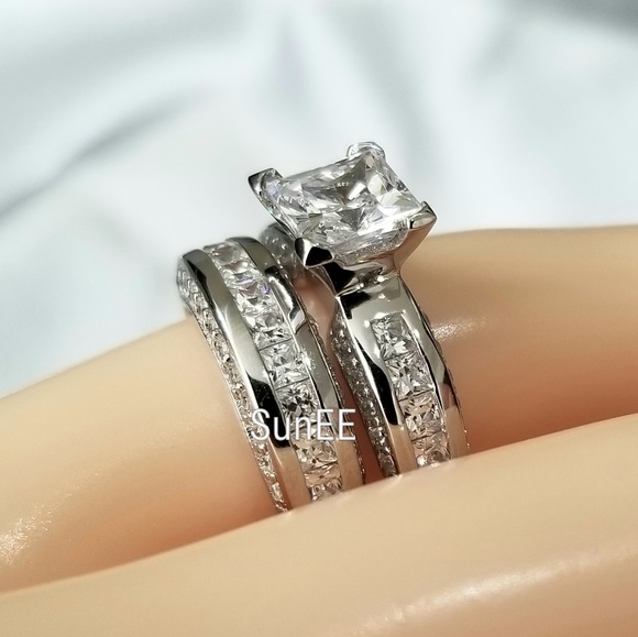 New His Hers Real 925 Wedding Engagement Ring Set - Picture 3 of 6